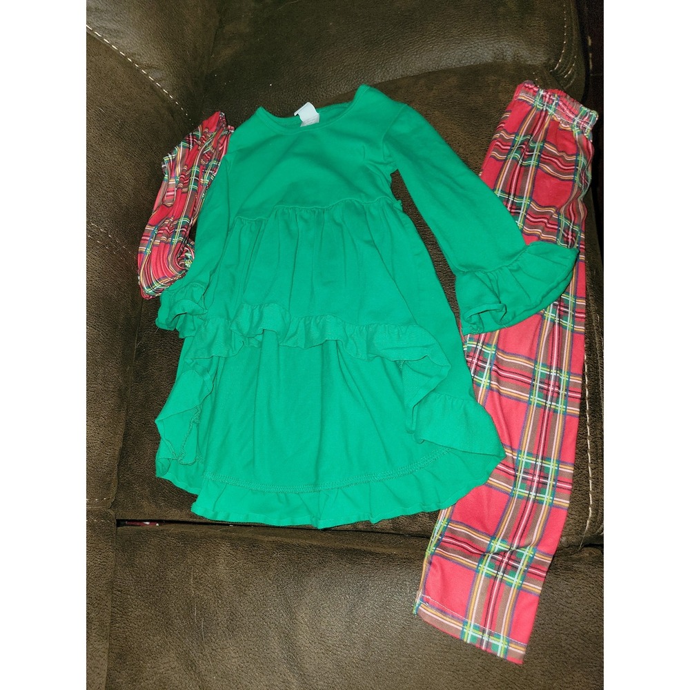 BmG boutique Christmas holiday green dress plaid leggings and‎ scarf size 2t 3t